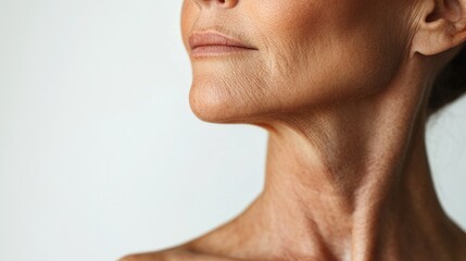 Caucasian mature female with wrinkles and signs of aging on neck and skin. Menopause