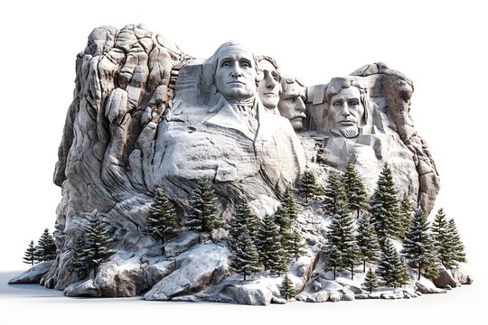 Mount Rushmore (USA) 3D clipart, realistic and isolated on a white background, bringing out the monumental presence of the sculpture.