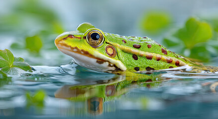 Fototapeta premium Green Frog Swimming in Pond Water With Lily Pads, Symbolizing Natural Beauty and Environmental Awareness
