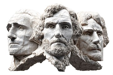 Mount Rushmore (USA) 3D clipart, realistic and isolated on a white background, bringing out the monumental presence of the sculpture.
