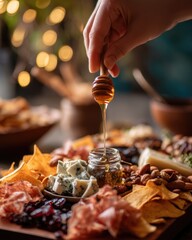Close-up of hand drizzling honey on charcuterie board with cheese and nuts