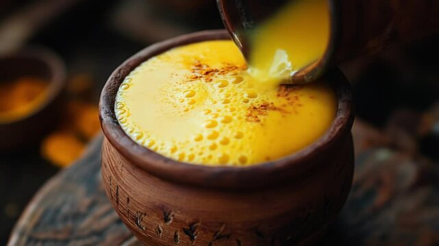 Golden milk being poured into a wooden cup with warm spices and soft light

