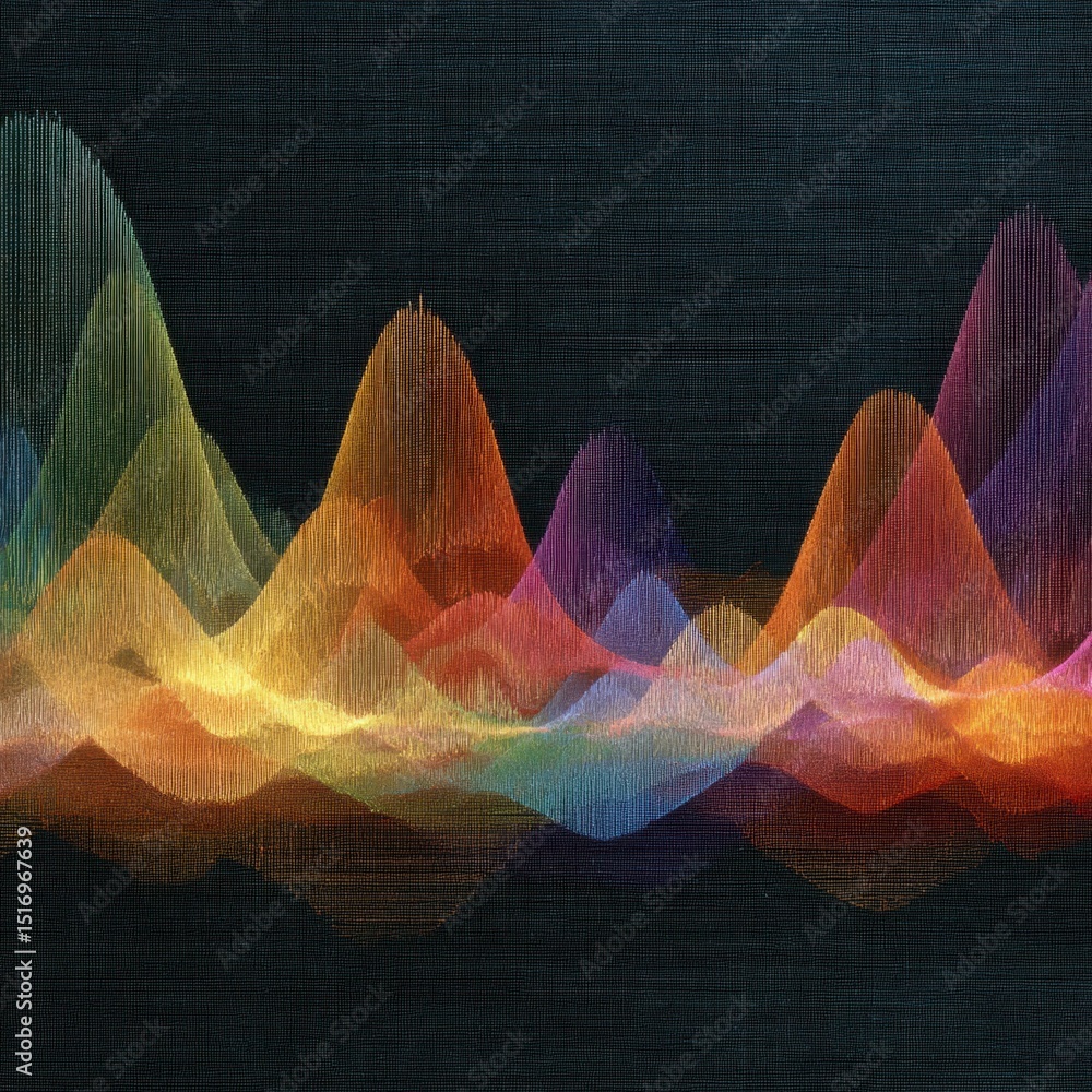 Poster vibrant abstract waveforms with colorful peaks on dark background.