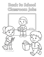 Coloring page showing kids doing classroom jobs like cleaning and helping. Great for school routines, behavior charts, or class roles.