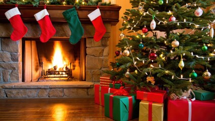 Fototapeta premium Cozy christmas fireplace with decorated tree and presents