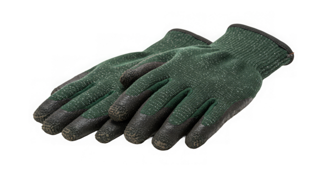 Worn, durable green work gloves with textured black fingertips and seamless transparency details.
