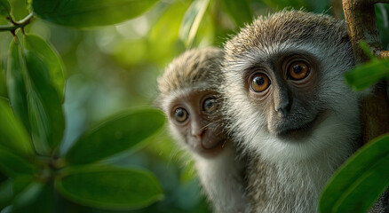 Two Vervet Monkeys Peeking Through Lush Green Foliage, Showcasing Wildlife Conservation and the Beauty of Natural Habitats