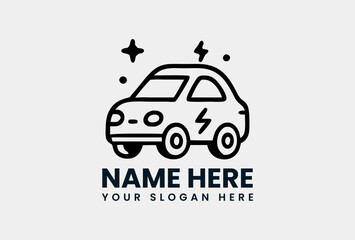 Minimalist black and white outline of an electric car with a prominent lightning bolt symbol for sustainable travel. Technology concept