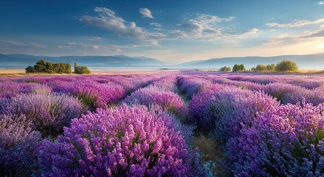 Fototapeta Lavender Field in Provence at Sunrise, Representing Tranquility and Aromatherapy Wellness, Ideal for Travel and Tourism Marketing