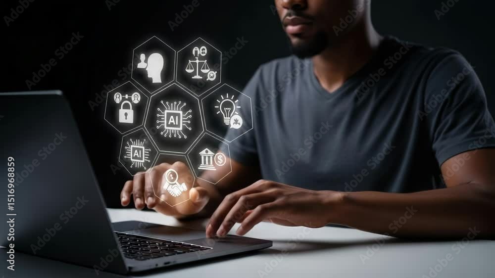 Poster Man using laptop with ai icons hovering above the keyboard on a desk in a dark room setting