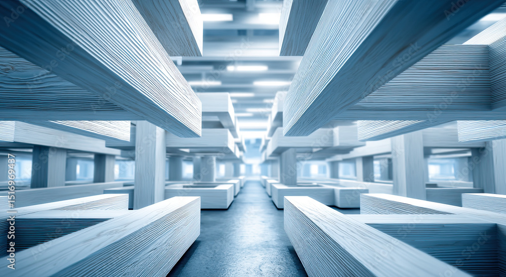 Poster abstract white wooden beams in perspective view, representing architectural innovation and structura