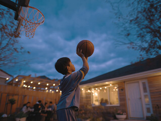 Young boy shooting basketball towards hoop in backyard during twilight, surrounded by warm lights and family gathering, capturing joyful moments of play and connection