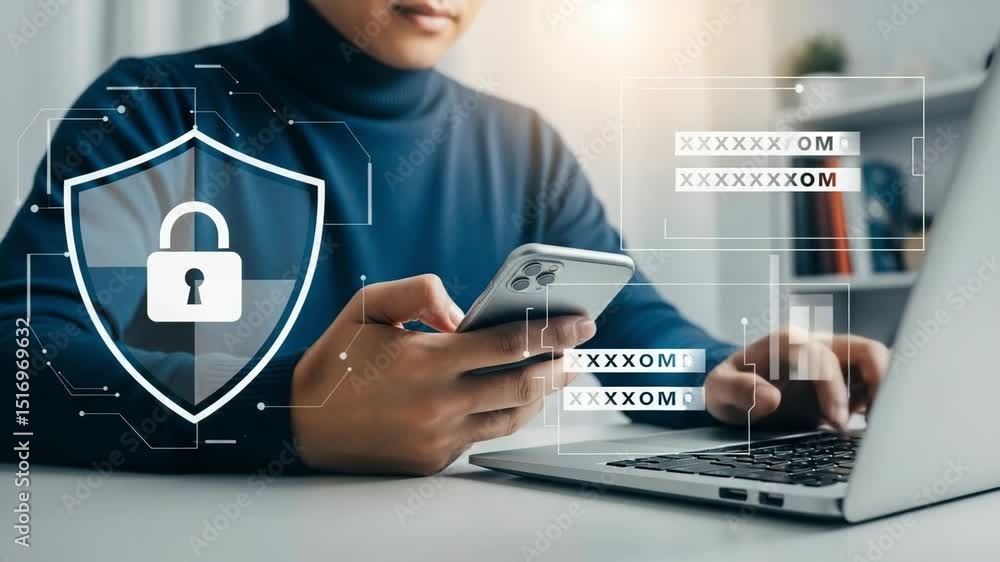Poster person using laptop and phone with security shield and padlock graphic overlay for data protection
