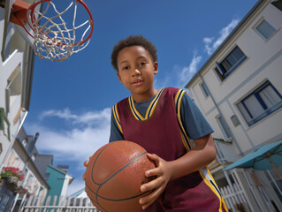 Young boy in a basketball jersey holds a basketball while standing under a hoop, showcasing determination and enthusiasm for the sport in a vibrant outdoor setting