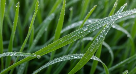 Naklejka premium Close-up of dew-covered green grass blades in morning light