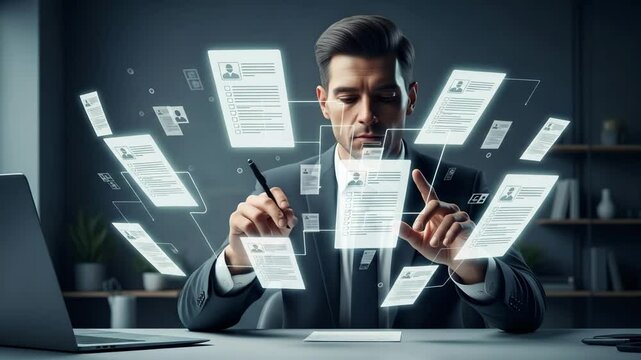 Man in suit reviewing digital resumes with pen in hand near laptop on desk in office setting