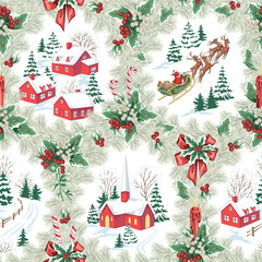 Christmas landscape, Santa Claus with deer, fir tree, church, house in the wreath seamless pattern. Winter village holiday wallpaper.