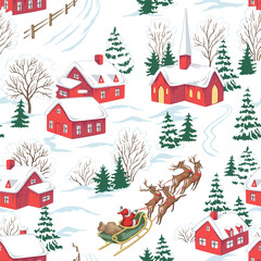 Christmas landscape, Santa Claus, fir tree, church, house,  snow, sleigh, deer, seamless pattern. Winter village holiday wallpaper.