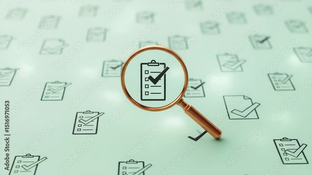 Poster magnifying glass focusing on a clipboard icon with a checkmark surrounded by similar icons