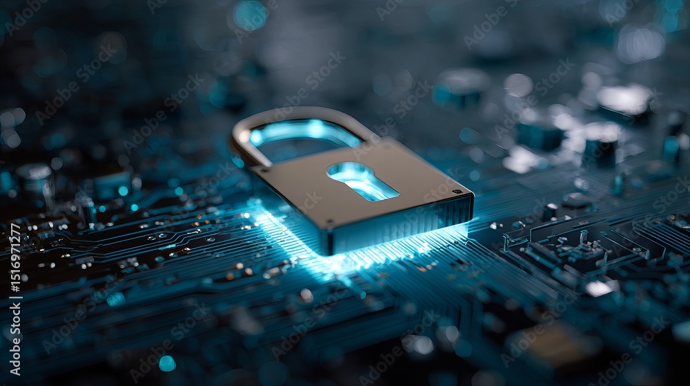 Poster cybersecurity digital lock glowing on circuit board technology abstract background image modern data