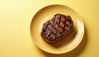 Pan-fried ribeye on yellow plate pale yellow background with top view shot