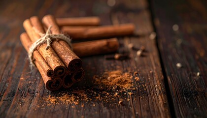 Natural Cinnamon Sticks Tied with Twine Surrounded by Cloves and Spice Dust