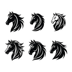 Set of Stylized Black and White Horse Head Vector Illustrations.