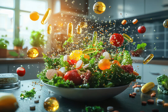 A vibrant digital overlay showing floating vitamins and nutrients around a fresh, nutrient-packed salad in a modern kitchen. - Powered by Adobe