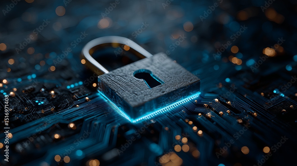 Poster cybersecurity digital lock on circuit board abstract technology background image dark blue glowing l
