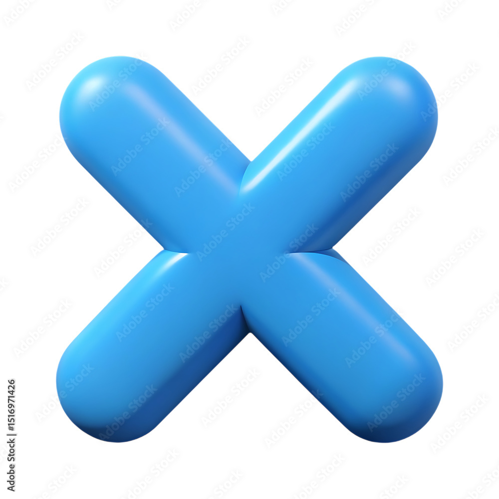 Poster a glossy blue three-dimensional x shape isolated on transparent background for design elements.