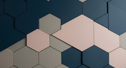 A bold feature wall with interlocking hexagonal panels in muted tones of navy, taupe, and blush — matte and slightly raised.