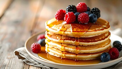 Golden Pancakes Topped with Raspberries, Blueberries, and Maple Syrup