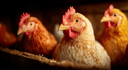 Fototapeta premium Close Up of Chickens in a Coop With Warm Lighting, Symbolizing Animal Welfare and Sustainable Farming Practices
