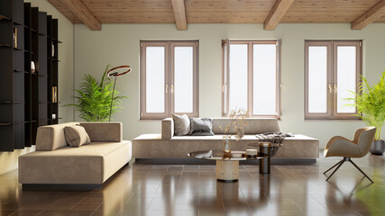 Large luxury modern bright interiors Living room mockup illustration 3D rendering computer digitally generated image