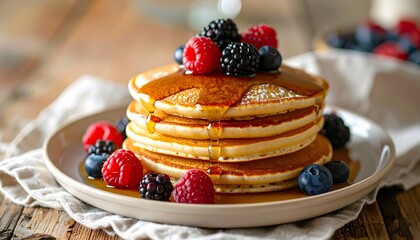 Freshly Made Pancakes with Mixed Berries and Maple Syrup on Wooden Table