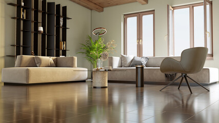 Large luxury modern bright interiors Living room mockup illustration 3D rendering computer digitally generated image