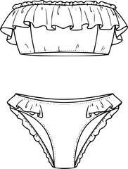 womens ruffle trim bandeau bikini set strapless tube top two piece swim suit flat sketch vector illustration technical cad drawing template
