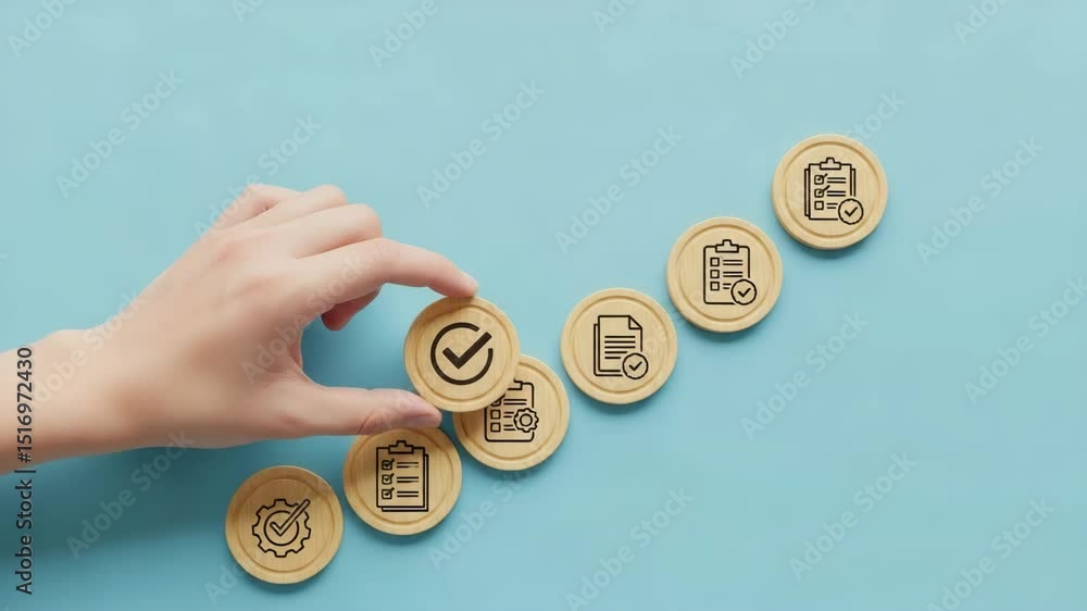 Aufkleber Hand placing checkmark coin in sequence of process icons on light blue surface top view close up