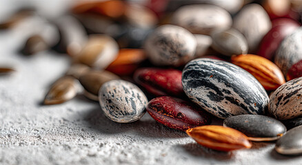 Close-Up of Colorful Pinto Beans on Concrete Surface, Showcasing Healthy Eating and Food Photography