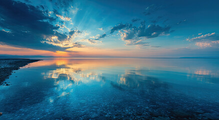 Fototapeta premium Calm Lake Reflecting Sunset With Sun Rays, Showcasing Serenity and Tranquility for Wellness Retreats