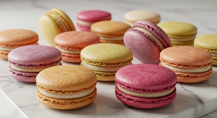Obraz premium Colorful Macarons on Marble Surface: Delightful Pastry Assortment
