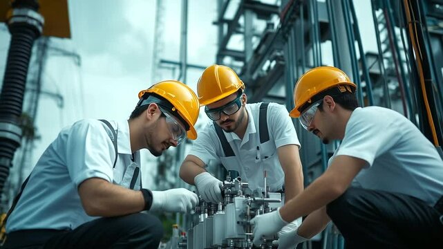 A team of engineers inspecting pressure valves and ceramic bushings on a high-voltage transformer, surrounded by industrial metal structures and thick cable clusters feeding into t