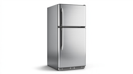 A sleek silver refrigerator standing against a white background, emphasizing its modern and minimalist design.
