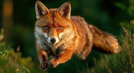 Fototapeta premium Red Fox Leaping Through Greenery in Golden Light, Symbolizing Wildlife Conservation and Natural Beauty, Ideal for Environmental Awareness Campaigns