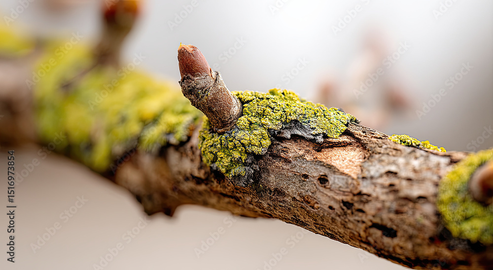 Poster close-up of a mossy tree branch with bud, symbolizing spring renewal and environmental awareness for
