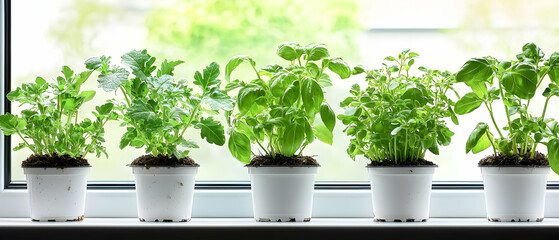 Potted Herbs On Windowsill