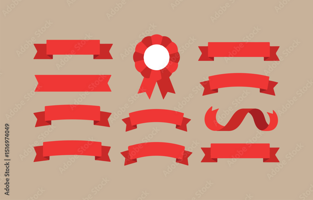 Poster collection of red ribbon banners and rosette badge with blank space perfect for adding text and crea