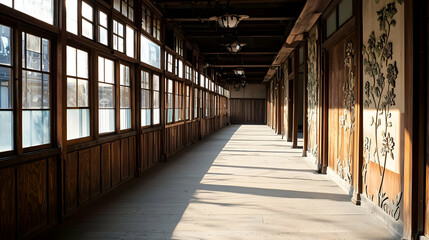 Empty Wooden Hallway With Sunlight And Old Windows