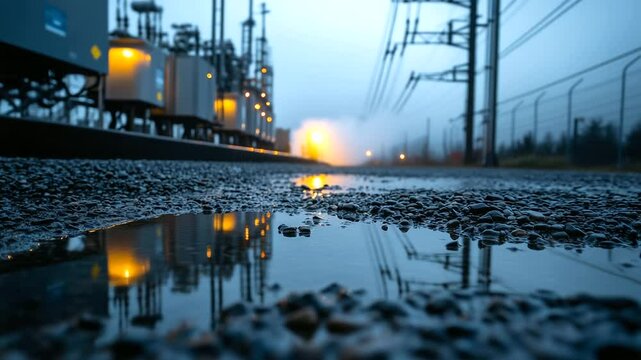 Rain-drenched electrical substation with pools of water forming on gravel, heated transformers emitting visible steam clouds, heavy cables sagging under the weight of rainfall