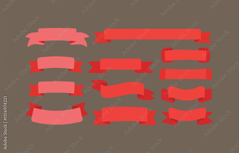 Poster collection of red ribbon banners in various styles and shapes for graphic design projects or decorat